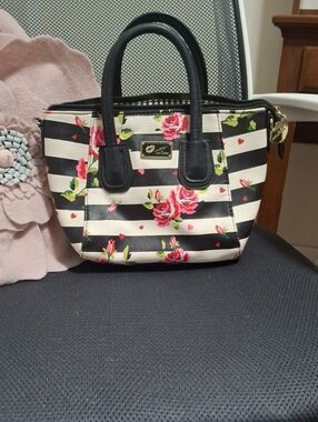 Betsey Johnson Black & White Striped Mini Satchel with Pink Floral Print